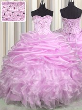Glittering Pick Ups Floor Length Ball Gowns Sleeveless Lilac Quinceanera Dress Brush Train Lace Up