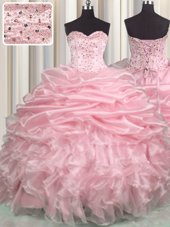 Exceptional Baby Pink Sleeveless Brush Train Beading and Ruffles and Pick Ups With Train Sweet 16 Quinceanera Dress
