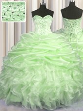 Custom Designed Pick Ups Yellow Green Sleeveless Organza Brush Train Lace Up Sweet 16 Dresses for Military Ball and Sweet 16 and Quinceanera