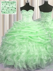 Vintage With Train 15 Quinceanera Dress Organza Brush Train Sleeveless Beading and Ruffles and Pick Ups
