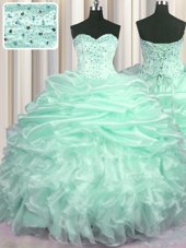 Clearance Apple Green Ball Gowns Beading and Ruffles and Pick Ups Quinceanera Dresses Lace Up Organza Sleeveless With Train