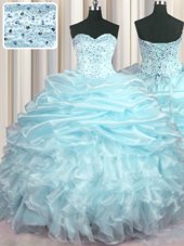 Wonderful Beading and Ruffles and Pick Ups Quinceanera Gown Light Blue Lace Up Sleeveless With Brush Train