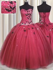 Custom Made Coral Red Ball Gowns Sweetheart Sleeveless Tulle Floor Length Lace Up Beading and Appliques Quince Ball Gowns