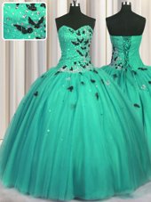 Suitable Sleeveless Tulle Floor Length Lace Up 15th Birthday Dress in Turquoise for with Beading and Appliques