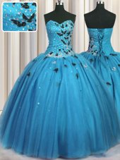 Nice Baby Blue Ball Gowns Sweetheart Sleeveless Tulle Floor Length Lace Up Beading and Appliques Ball Gown Prom Dress
