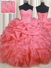 Cheap Watermelon Red Organza Lace Up Sweetheart Sleeveless Floor Length Sweet 16 Dresses Beading and Ruffles and Ruching and Pick Ups