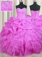 Lilac Lace Up Quinceanera Gowns Beading and Ruffles and Sequins and Ruching Sleeveless Floor Length
