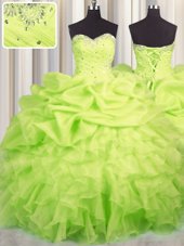 Beautiful Yellow Green Sweetheart Neckline Beading and Ruffles and Ruching and Pick Ups Quinceanera Gown Sleeveless Lace Up