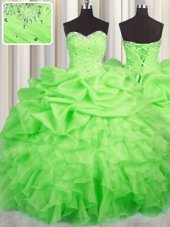 Customized Sleeveless Floor Length Beading and Ruffles and Ruching and Pick Ups Lace Up Sweet 16 Dresses with