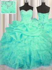 High End Pick Ups Floor Length Ball Gowns Sleeveless Turquoise Quinceanera Gown Lace Up
