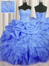 Hot Selling Blue Organza Lace Up Ball Gown Prom Dress Sleeveless Floor Length Beading and Ruffles and Ruching and Pick Ups