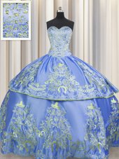 Flare Embroidery Floor Length Ball Gowns Sleeveless Blue Quinceanera Dresses Lace Up