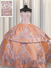 Floor Length Orange Quinceanera Gown Taffeta Sleeveless Beading and Embroidery