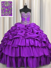 Popular Purple Sweetheart Lace Up Beading and Embroidery and Ruffled Layers and Pick Ups Sweet 16 Dresses Brush Train Sleeveless