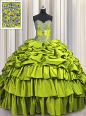 Brush Train Yellow Green Quinceanera Gowns Military Ball and Sweet 16 and Quinceanera and For with Beading and Embroidery and Ruffled Layers and Pick Ups Sweetheart Sleeveless Lace Up