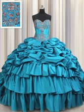 Clearance Pick Ups Embroidery Sweetheart Sleeveless Brush Train Lace Up Quinceanera Gowns Teal Taffeta