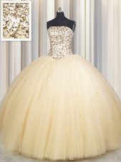 Noble Sequins Really Puffy Ball Gowns Vestidos de Quinceanera Champagne Strapless Tulle Sleeveless Floor Length Lace Up