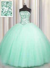 Flare Puffy Skirt Tulle Sweetheart Sleeveless Lace Up Beading and Sequins Quinceanera Dress in Apple Green and Light Blue