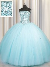 Stunning Sequins Really Puffy Floor Length Aqua Blue 15 Quinceanera Dress Strapless Sleeveless Lace Up