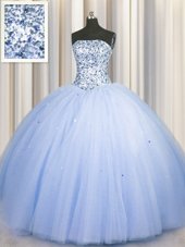 Spectacular Sequins Big Puffy Ball Gowns Quince Ball Gowns Blue Strapless Tulle Sleeveless Floor Length Lace Up