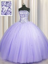 Fashionable Puffy Skirt Strapless Sleeveless 15 Quinceanera Dress Floor Length Beading and Sequins Lavender Tulle