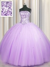 High Quality Really Puffy Beading and Sequins Sweet 16 Dresses Lavender Lace Up Sleeveless Floor Length