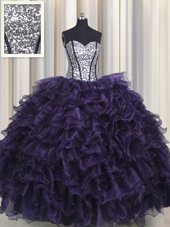 Charming Visible Boning Purple Vestidos de Quinceanera Military Ball and Sweet 16 and Quinceanera and For with Ruffles and Sequins Sweetheart Sleeveless Lace Up