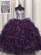 Luxury Visible Boning Eggplant Purple Ball Gowns Sweetheart Sleeveless Organza and Sequined Floor Length Lace Up Ruffles and Sequins Quinceanera Gown