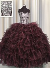 Decent Visible Boning Brown Ball Gowns Sweetheart Sleeveless Organza and Sequined Floor Length Lace Up Ruffles and Sequins Vestidos de Quinceanera