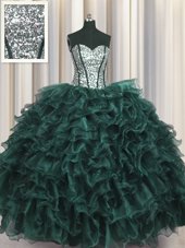 High Quality Visible Boning Sweetheart Sleeveless Quinceanera Dress Floor Length Ruffles and Sequins Peacock Green Organza and Sequined