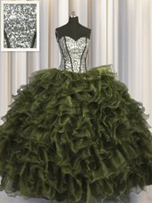 Hot Selling Sequins Visible Boning Floor Length Olive Green Sweet 16 Dress Sweetheart Sleeveless Lace Up