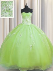 Zipper Up Yellow Green Sleeveless Organza Zipper Sweet 16 Quinceanera Dress for Military Ball and Sweet 16 and Quinceanera
