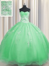 Fashion Zipper Up Sweetheart Sleeveless Quinceanera Gowns Floor Length Beading and Appliques Organza