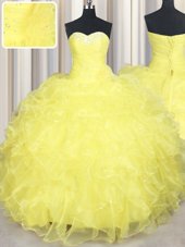 Nice Sleeveless Organza Floor Length Lace Up Vestidos de Quinceanera in Yellow for with Beading and Ruffles