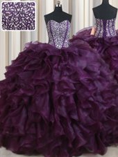 Sophisticated Sweetheart Sleeveless Vestidos de Quinceanera Floor Length Beading and Ruffles Dark Purple Organza