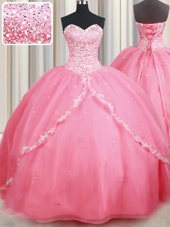 Decent With Train Baby Pink Quinceanera Gown Organza Brush Train Sleeveless Beading and Appliques