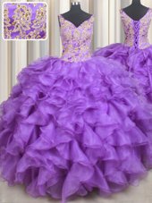 Nice Lavender Organza Lace Up Sweetheart Sleeveless Floor Length 15 Quinceanera Dress Beading and Appliques and Ruffles