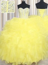 Yellow Sleeveless Organza Lace Up Quinceanera Dress for Military Ball and Sweet 16 and Quinceanera