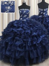 Hot Sale Navy Blue Strapless Neckline Appliques and Ruffles and Pick Ups Quinceanera Gown Sleeveless Lace Up