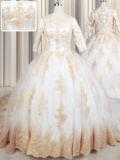 Scoop White Zipper Sweet 16 Dress Beading and Lace and Appliques Half Sleeves Court Train