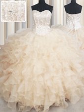 New Arrival Organza Sweetheart Sleeveless Lace Up Beading and Ruffles Quinceanera Dress in Champagne