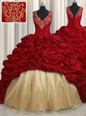 Exquisite Sleeveless Taffeta Sweep Train Lace Up Quinceanera Dresses in Red for with Beading and Appliques and Pick Ups