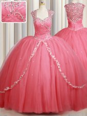 Affordable Straps Straps Cap Sleeves Sweep Train Zipper Beading and Appliques 15 Quinceanera Dress