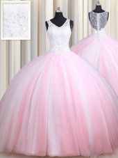 Modern Pink And White Ball Gowns Tulle Straps Sleeveless Lace Floor Length Zipper Sweet 16 Dress
