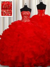 Charming Strapless Sleeveless Quinceanera Gown Floor Length Beading and Embroidery and Ruffles Red Organza