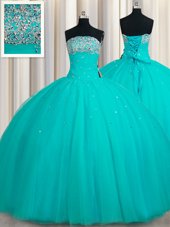 Fabulous Aqua Blue Sleeveless Beading and Sequins Floor Length Quinceanera Gowns
