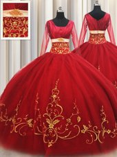 Pretty Square Long Sleeves Floor Length Beading and Embroidery Zipper Quinceanera Gowns with Red