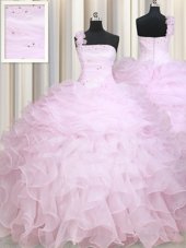 Wonderful One Shoulder Baby Pink Sleeveless Floor Length Beading and Ruffles Zipper Quince Ball Gowns