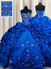 Extravagant Sequins Pick Ups Sweetheart Sleeveless Lace Up Vestidos de Quinceanera Royal Blue Taffeta