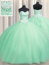 Elegant Sweetheart Sleeveless Lace Up Quinceanera Gowns Apple Green Tulle